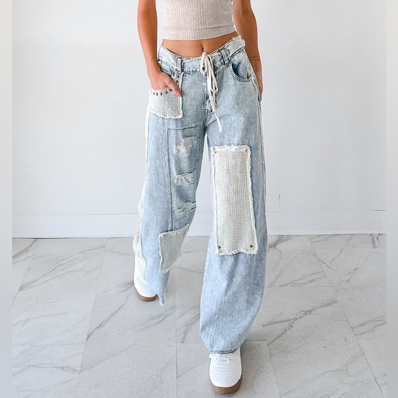 NWT POL Patchwork Crochet Boho Floral Print Wide Leg Relaxed Fit Denim Jean Pant - Picture 9 of 11